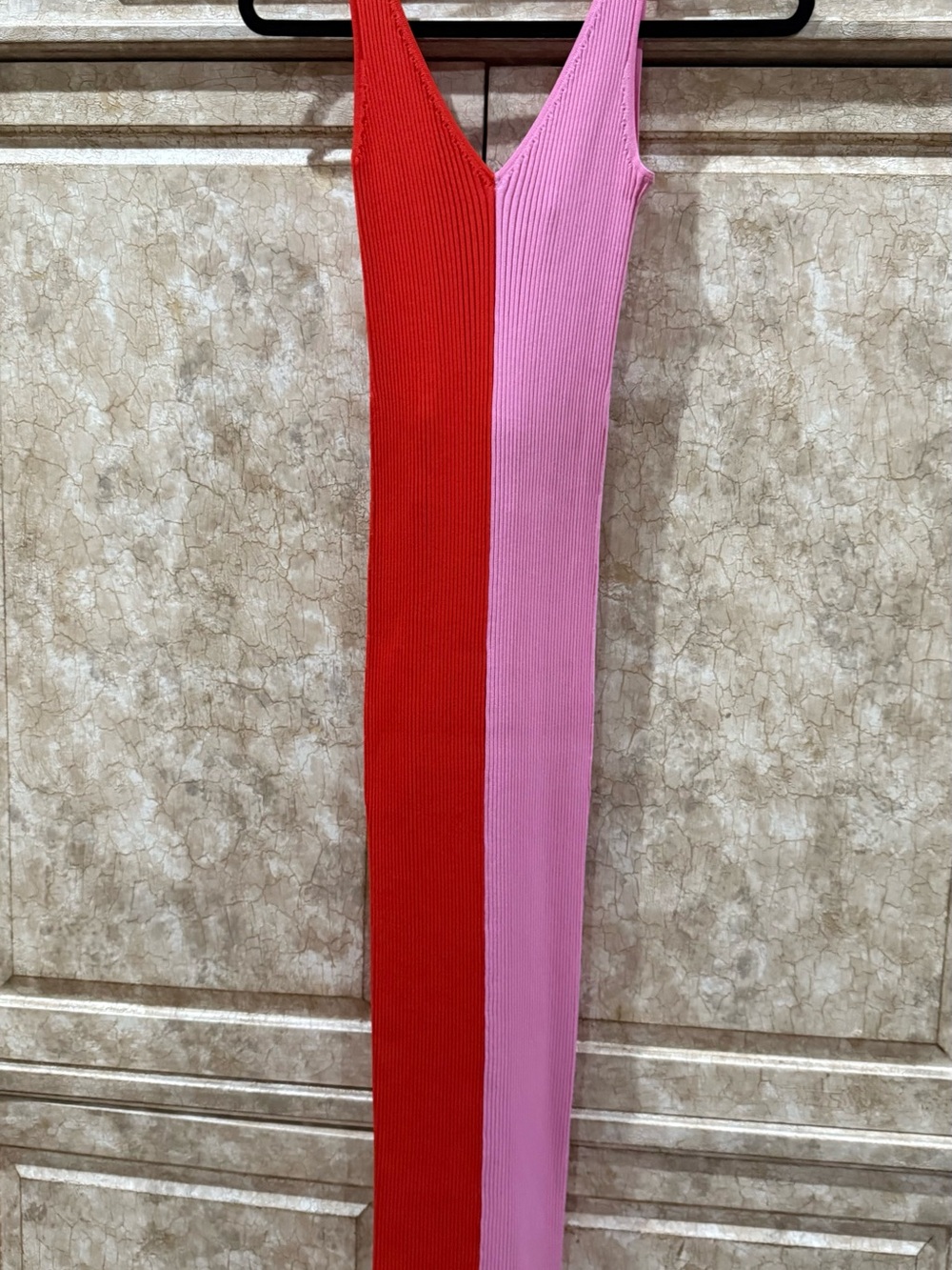 STAUD Red & Pink Ribbed V-Neck Maxi Skirt